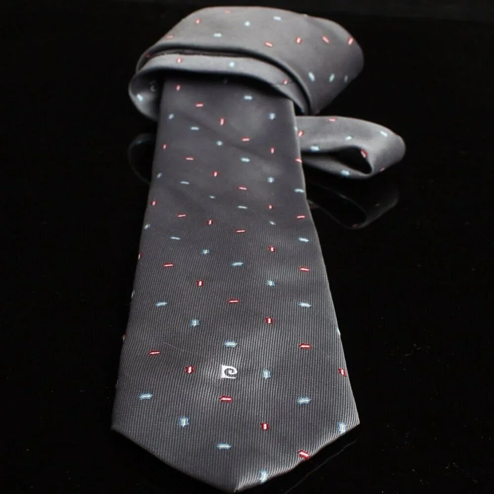 Vintage Pierre Cardin Mens Tie Gray With Red & Blue Abstract Pattern